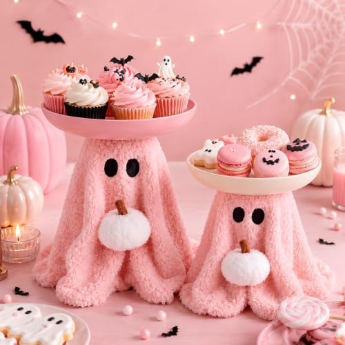 2 Set Pink Ghost Halloween Candy Bowl, Pumpkin Candy Dish in Pink, White