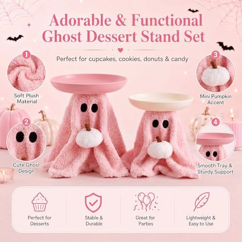 2 Set Pink Ghost Halloween Candy Bowl, Pumpkin Candy Dish in Pink, White, alternate view 3