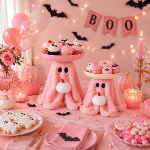 2 Set Pink Ghost Halloween Candy Bowl, Pumpkin Candy Dish in Pink, White, alternate view 4