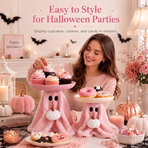 2 Set Pink Ghost Halloween Candy Bowl, Pumpkin Candy Dish in Pink, White, alternate view 5