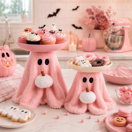 2 Set Pink Ghost Halloween Candy Bowl, Pumpkin Candy Dish in Pink, White, alternate view 6