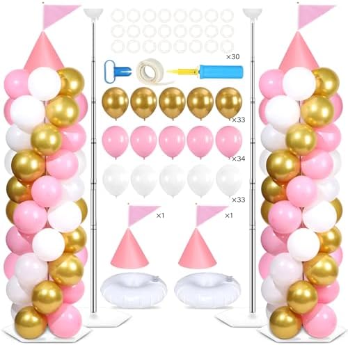 2 Set Pink Princess Castle Balloon Column Stand Kit Adjustable Decor