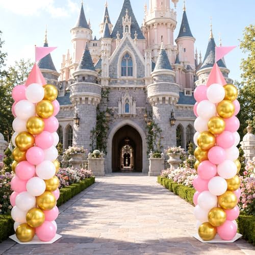 2 Set Pink Princess Castle Balloon Column Stand Kit Adjustable Decor, alternate view 2