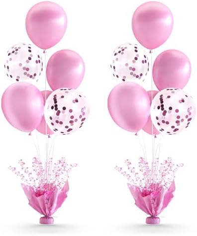 2 Set Pink Table Balloons Foil Spray Centerpiece with Pink and Confetti Balloons Stand Kit for Birthday Party