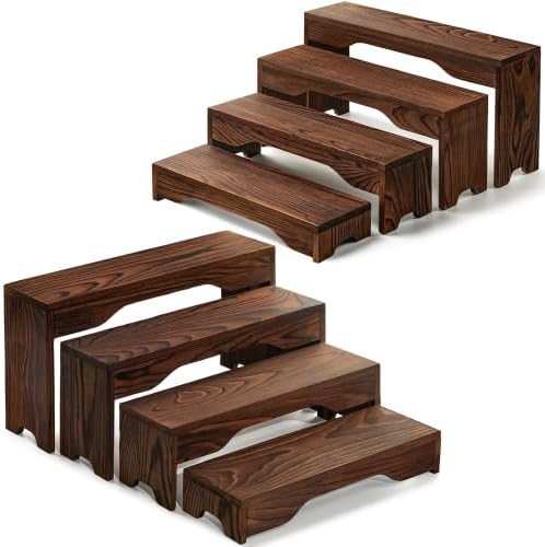 2 Set Upgraded Wooden Tiered Risers Display Stand in Dark Brown