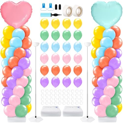 2 Set Valentines Day Balloon Column Stand Kit with 2 Candy Pastel Heart Love Foil Balloons, Valentines Day Arch