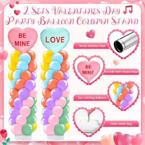 2 Set Valentines Day Balloon Column Stand Kit with 2 Candy Pastel Heart Love Foil Balloons, Valentines Day Arch, alternate
