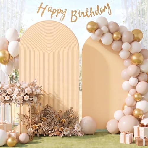 2 Set Wedding Arch Cover, Champagne Ripple & Solid Stretchy Backdrop Cover in 7.2 ft, 6.6 ft in Champagne