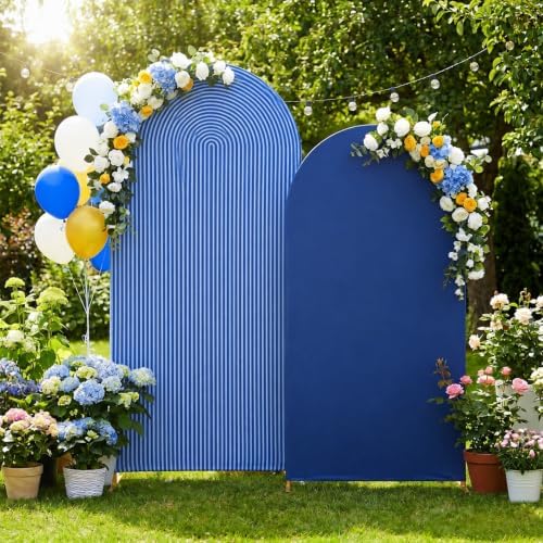 2 Set Wedding Arch Cover Navy Blue Ripple & Solid Stretchy Backdrop Cover in 7.2 ft & 6.6 ft in Navy Blue