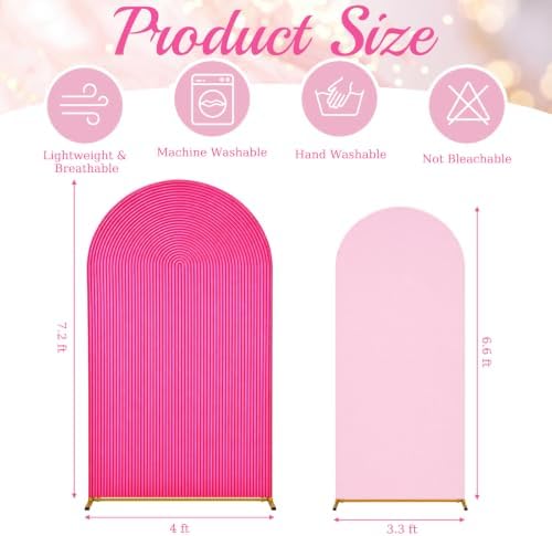 2 Set Wedding Arch Cover Rose Red Pink Ripple & Solid Backdrop Cover in 7.2 ft & 6.6 ft in Rose Red, Pink, alternate view 2