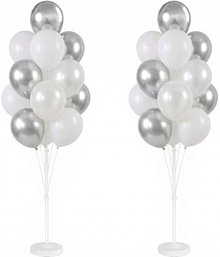 2 Set Wedding Balloon Column Kit with Stand Base for Party in 2 Count (Pack of 1) in Silver White
