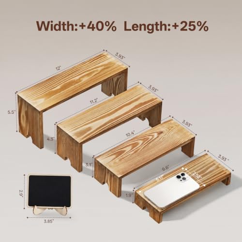 2 Set Wide Wood Tiered Display Stands, Dessert Stands Buffet Risers in Light Charred Wood, alternate view 3