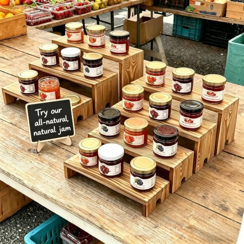 2 Set Wide Wood Tiered Display Stands, Dessert Stands Buffet Risers in Light Charred Wood, alternate view 4