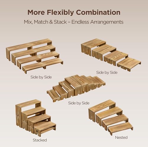 2 Set Wide Wood Tiered Display Stands, Dessert Stands Buffet Risers in Light Charred Wood, alternate view 5