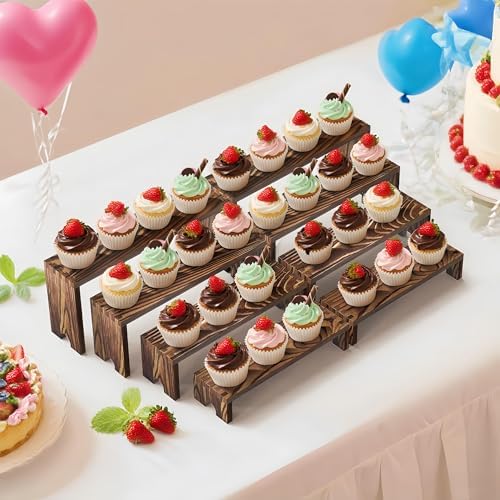 2 Set wood tone Wooden Tiered Display Stands 4 Tier Stackable Pine Wood Display Risers, Suitable for Vendor, alternate view 2
