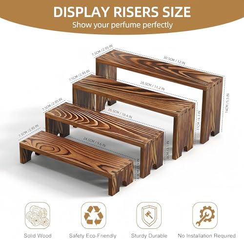 2 Set wood tone Wooden Tiered Display Stands 4 Tier Stackable Pine Wood Display Risers, Suitable for Vendor, alternate view 3