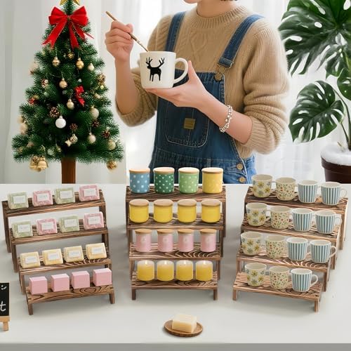 2 Set wood tone Wooden Tiered Display Stands 4 Tier Stackable Pine Wood Display Risers, Suitable for Vendor, alternate view 4