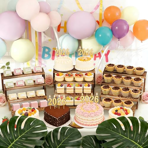 2 Set wood tone Wooden Tiered Display Stands 4 Tier Stackable Pine Wood Display Risers, Suitable for Vendor, alternate view 5