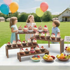 2 Set wood tone Wooden Tiered Display Stands 4 Tier Stackable Pine Wood Display Risers, Suitable for Vendor, alternate view 6