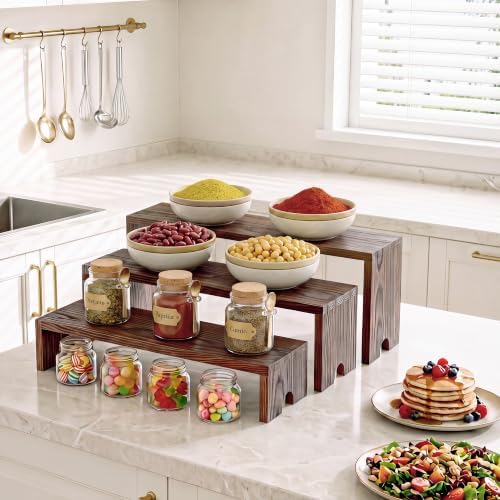 2 Set Wooden Cupcake Stand for Decor, 3 Tiered Display Risers in Dark Brown, alternate view 2