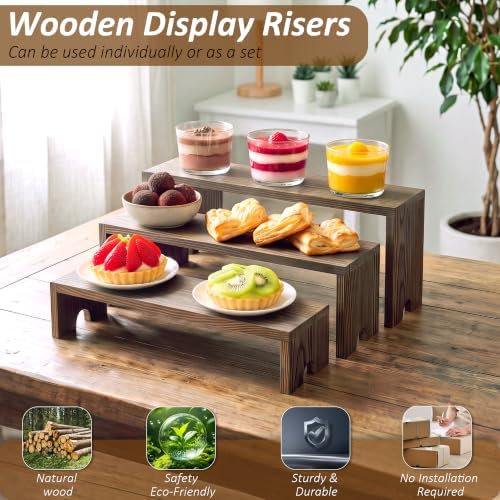 2 Set Wooden Cupcake Stand for Decor, 3 Tiered Display Risers in Dark Brown, alternate view 4