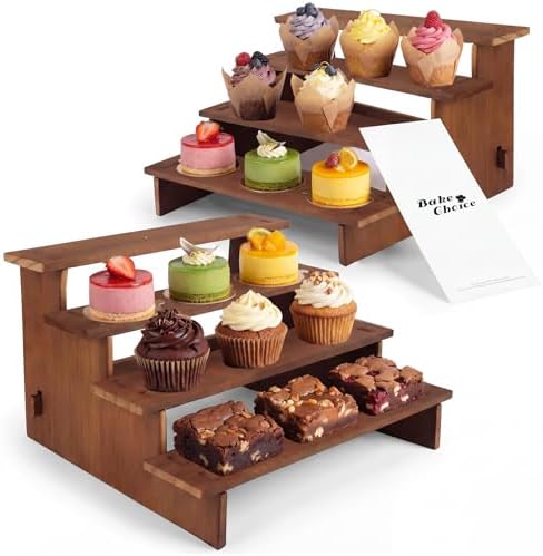 2 Set Wooden Cupcake Stand, Tiered Risers Display Stands, M in Brown