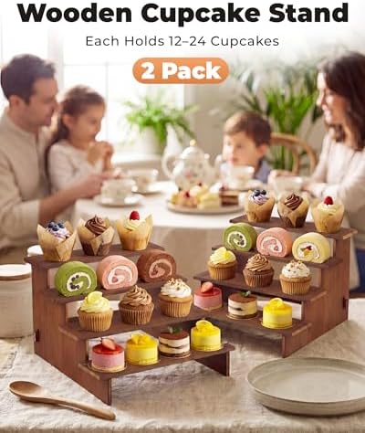 2 Set Wooden Cupcake Stand, Tiered Risers Display Stands, M in Brown, alternate view 3