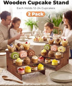 2 Set Wooden Cupcake Stand, Tiered Risers Display Stands, M in Brown, alternate view 3