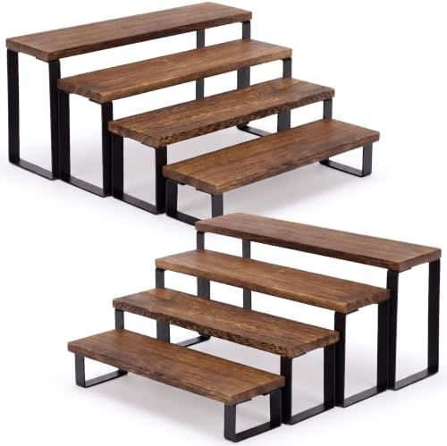 2 Set Wooden Tiered Risers Display Stands 4-tier Cupcake Stand in wood color, black