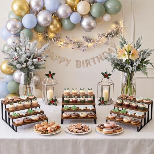 2 Set Wooden Tiered Risers Display Stands 4-tier Cupcake Stand in wood color, black, alternate view 2