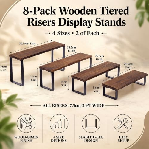 2 Set Wooden Tiered Risers Display Stands 4-tier Cupcake Stand in wood color, black, alternate view 3