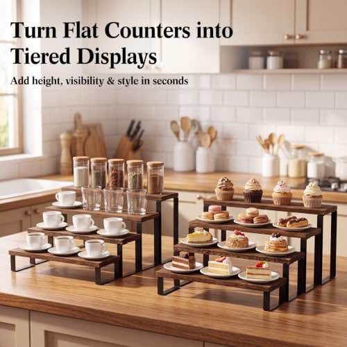 2 Set Wooden Tiered Risers Display Stands 4-tier Cupcake Stand in wood color, black, alternate view 5