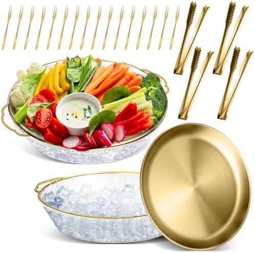 2 Sets 11.8 Inch Chilled Serving Tray for Parties, Gold in Gold