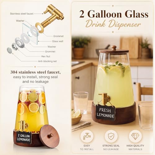 2 Sets 2 Gallon Glass Drink Dispenser for Parties Large Beverage Dispenser with Wooden Base Stand & Stainless, alternate view