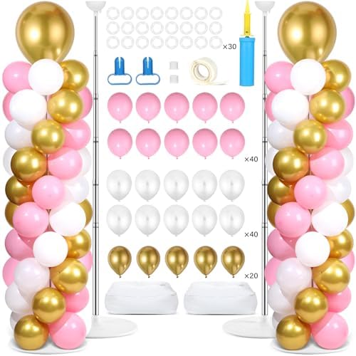 2 Sets Adjustable Balloon Column Stand Kit with Bases(Pink White Gold)