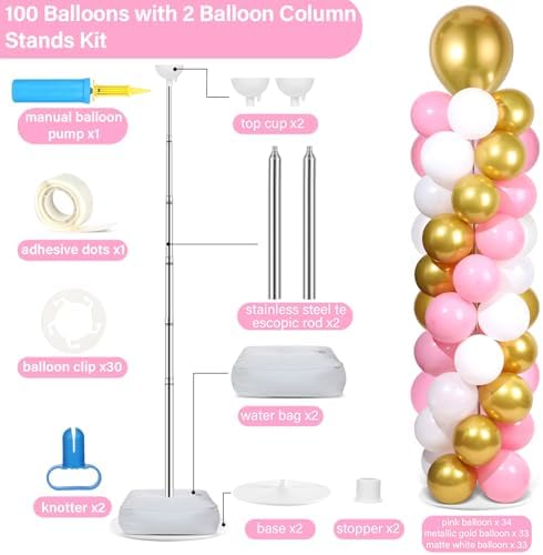 2 Sets Adjustable Balloon Column Stand Kit with Bases(Pink White Gold), alternate view 3