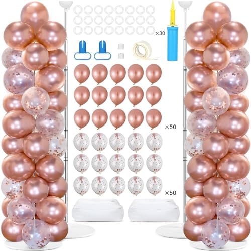 2 Sets Adjustable Balloon Column Stand Kit with Bases(Rose Gold Confetti)