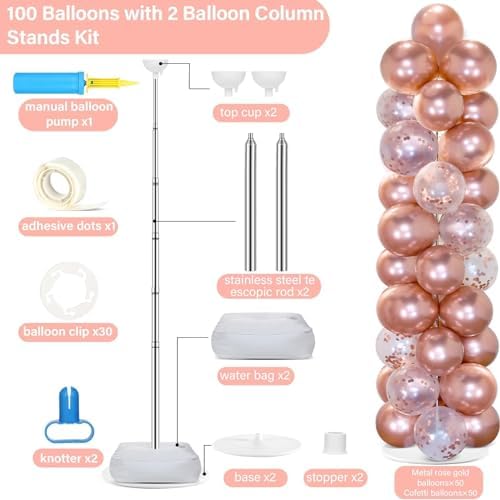 2 Sets Adjustable Balloon Column Stand Kit with Bases(Rose Gold Confetti), alternate view 2