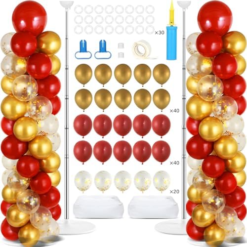 2 Sets Balloon Column Stand Kit Balloon Tower with Bases(Red Gold)