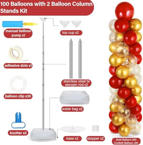 2 Sets Balloon Column Stand Kit Balloon Tower with Bases(Red Gold), alternate view 3