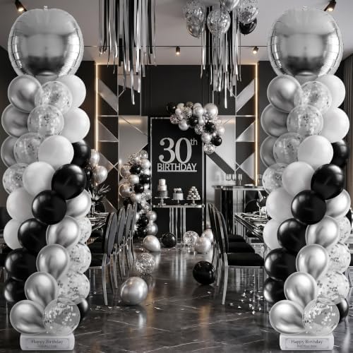 2 Sets Black Silver White Balloon Column Stand Kit, Adjustable Floor Tower with Foil & Latex Balloons for