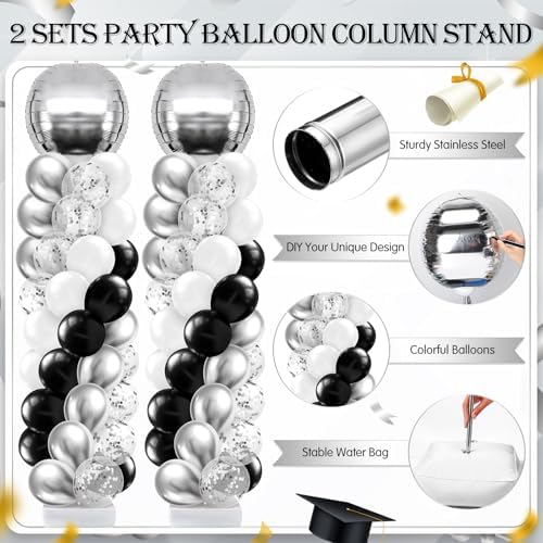2 Sets Black Silver White Balloon Column Stand Kit, Adjustable Floor Tower with Foil & Latex Balloons for, alternate view 3