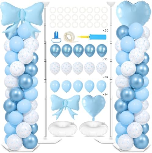 2 Sets Blue Bow Balloon Column Stand Adjustable Blue Heart Balloon Decor