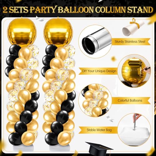 2 Sets Gold and Black Graduation Balloon Column Stand Kit for Class of 2026, Adjustable Floor Balloon Arch Tower, alternate