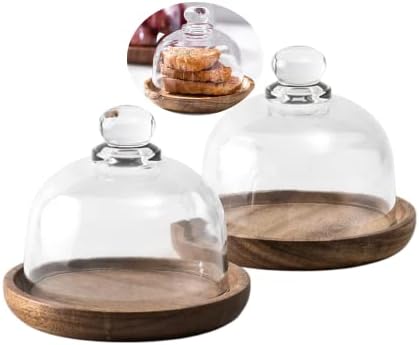 2 Sets Mini Cake Stand, Cake Plate Server Platter with Dome in 4 inches in Transparent, Wood color