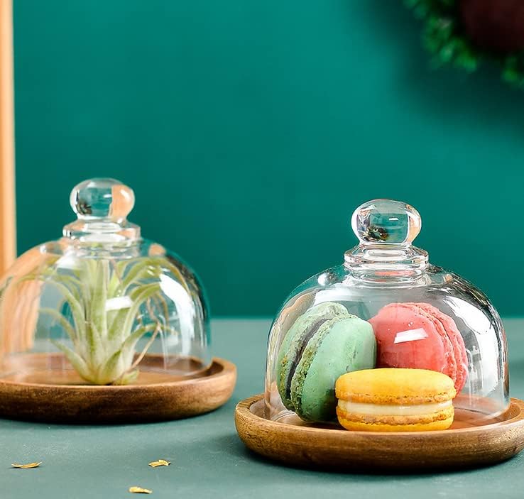 2 Sets Mini Cake Stand, Cake Plate Server Platter with Dome in 4 inches in Transparent, Wood color, alternate view 7