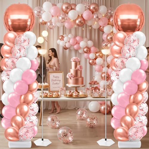 2 Sets Pink Rose Gold Balloon Column Stand Kit, Adjustable Floor Balloon Arch Tower for Birthday Bridal Shower