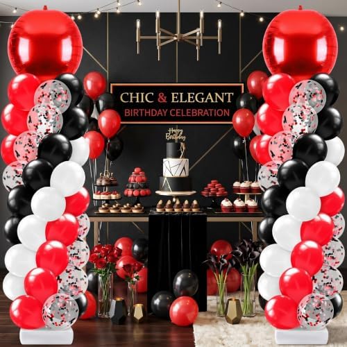 2 Sets Red Black and White Balloon Column Stand Kit, Adjustable Floor Balloon Arch Tower with Foil & Latex