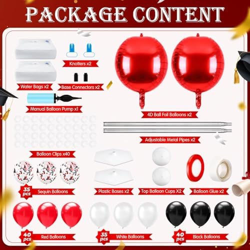 2 Sets Red Black and White Balloon Column Stand Kit, Adjustable Floor Balloon Arch Tower with Foil & Latex, alternate view 2