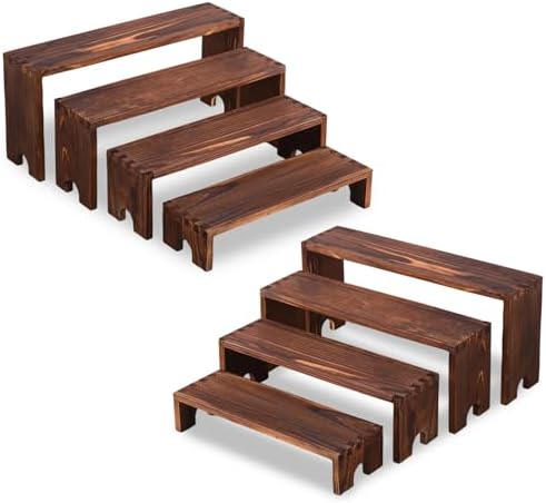2 Sets Wooden Display Risers, 8 PCS Gradient Height Wooden Tiered Display Stands, Stackable Tabletop Shelf